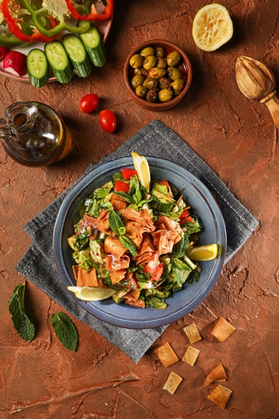 Fatoush,Garden,Salad,,Sumac,,Pita,,Olive,Oil,,Pomegranate,Molasses